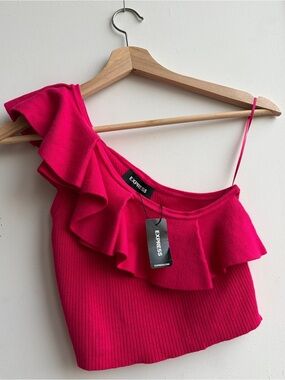 BNWT Express Hot Pink One-Shoulder Ruffle Crop Top